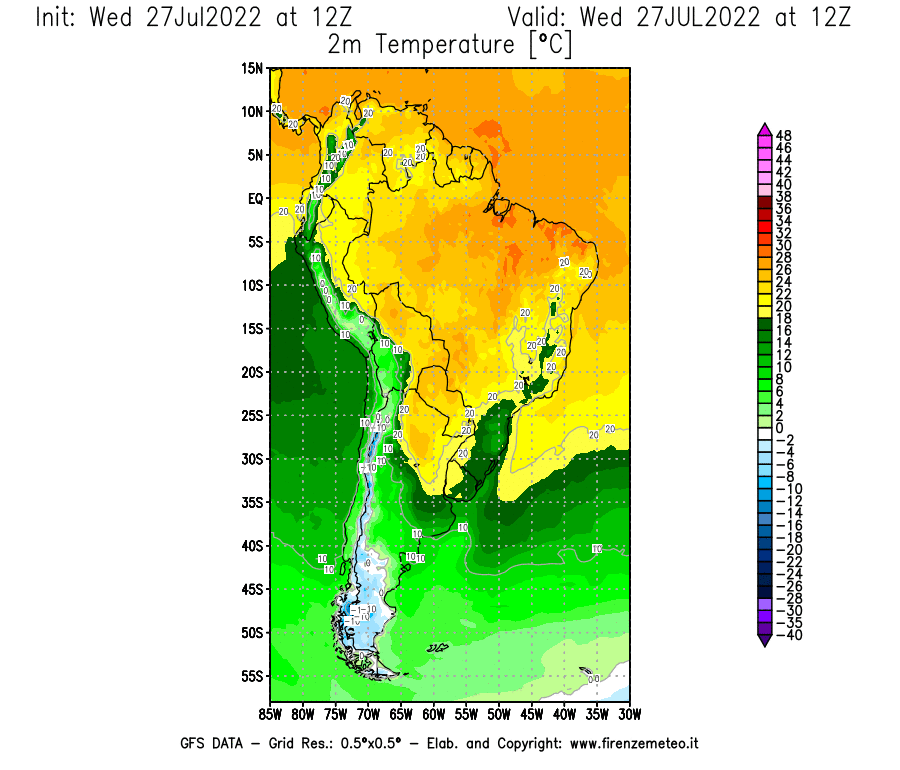 GFS analysi map - Temperature at 2 m above ground [°C] in South America
									on 27/07/2022 12 <!--googleoff: index-->UTC<!--googleon: index-->