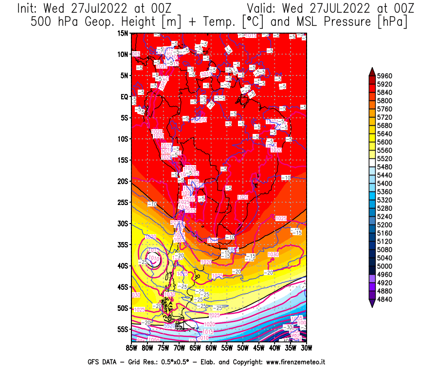 GFS analysi map - Geopotential [m] + Temp. [°C] at 500 hPa + Sea Level Pressure [hPa] in South America
									on 27/07/2022 00 <!--googleoff: index-->UTC<!--googleon: index-->
