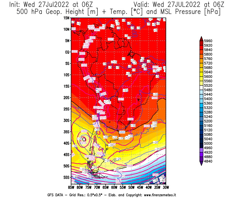 GFS analysi map - Geopotential [m] + Temp. [°C] at 500 hPa + Sea Level Pressure [hPa] in South America
									on 27/07/2022 06 <!--googleoff: index-->UTC<!--googleon: index-->