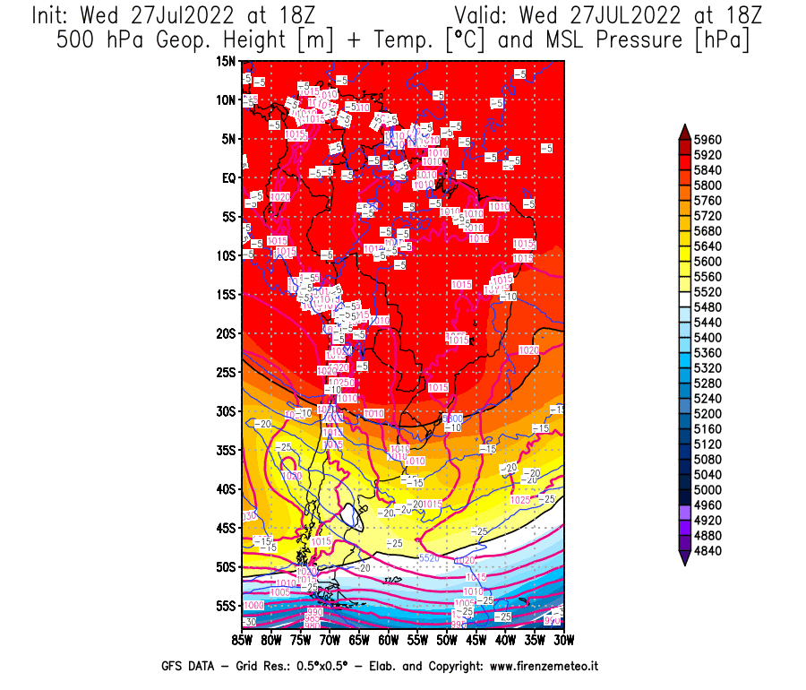 GFS analysi map - Geopotential [m] + Temp. [°C] at 500 hPa + Sea Level Pressure [hPa] in South America
									on 27/07/2022 18 <!--googleoff: index-->UTC<!--googleon: index-->