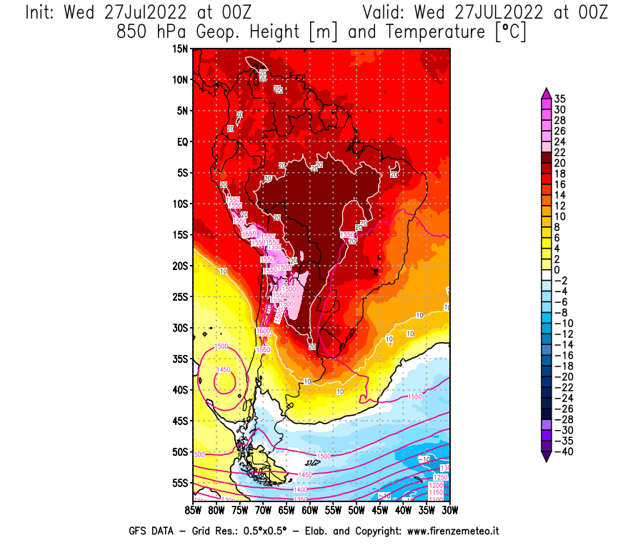 GFS analysi map - Geopotential [m] and Temperature [°C] at 850 hPa in South America
									on 27/07/2022 00 <!--googleoff: index-->UTC<!--googleon: index-->