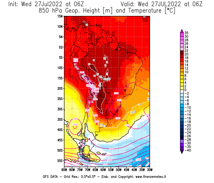 GFS analysi map - Geopotential [m] and Temperature [°C] at 850 hPa in South America
									on 27/07/2022 06 <!--googleoff: index-->UTC<!--googleon: index-->