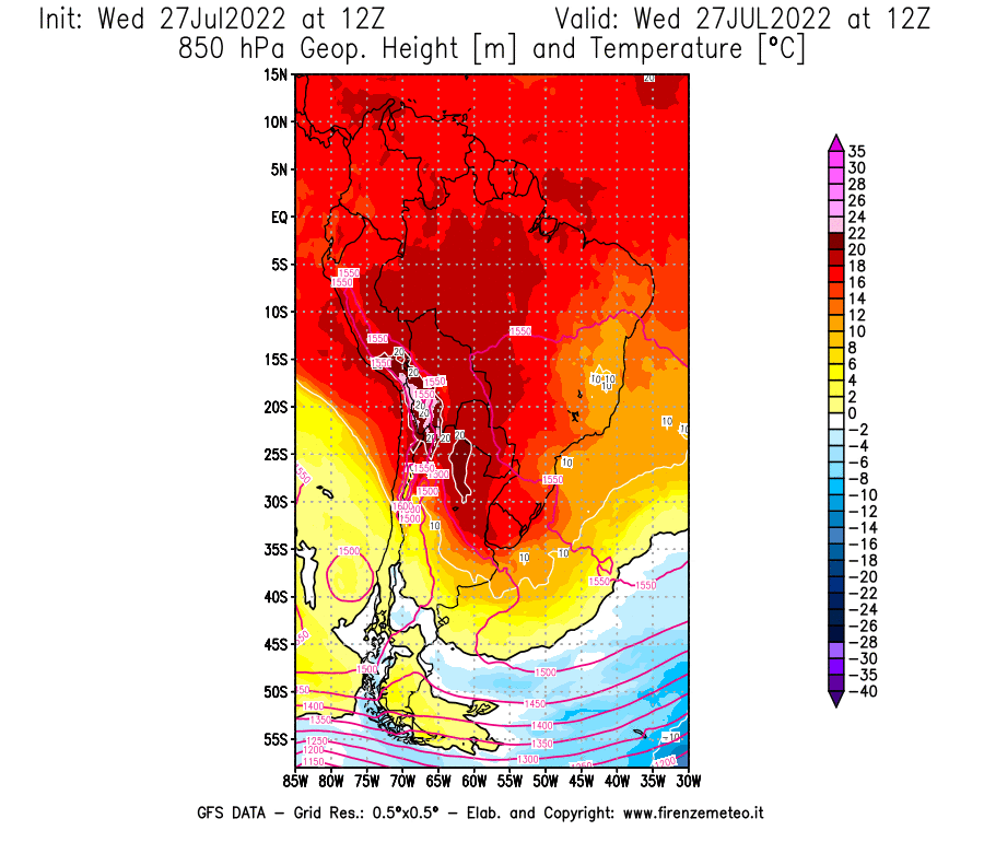GFS analysi map - Geopotential [m] and Temperature [°C] at 850 hPa in South America
									on 27/07/2022 12 <!--googleoff: index-->UTC<!--googleon: index-->