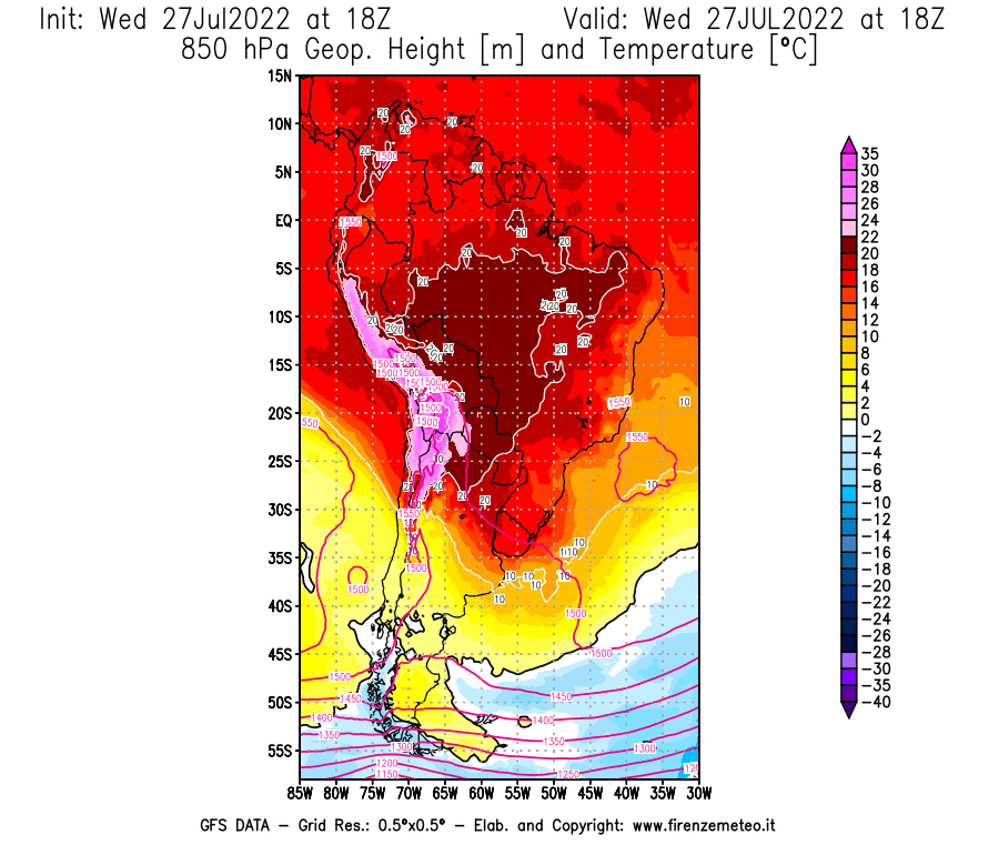 GFS analysi map - Geopotential [m] and Temperature [°C] at 850 hPa in South America
									on 27/07/2022 18 <!--googleoff: index-->UTC<!--googleon: index-->