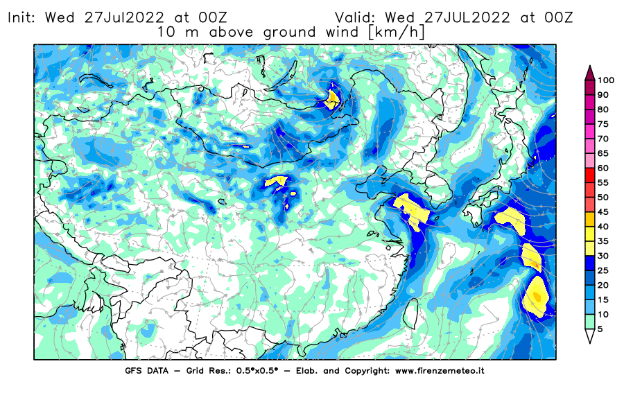 GFS analysi map - Wind Speed at 10 m above ground [km/h] in East Asia
									on 27/07/2022 00 <!--googleoff: index-->UTC<!--googleon: index-->
