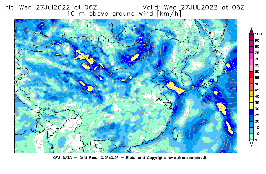 GFS analysi map - Wind Speed at 10 m above ground [km/h] in East Asia
									on 27/07/2022 06 <!--googleoff: index-->UTC<!--googleon: index-->