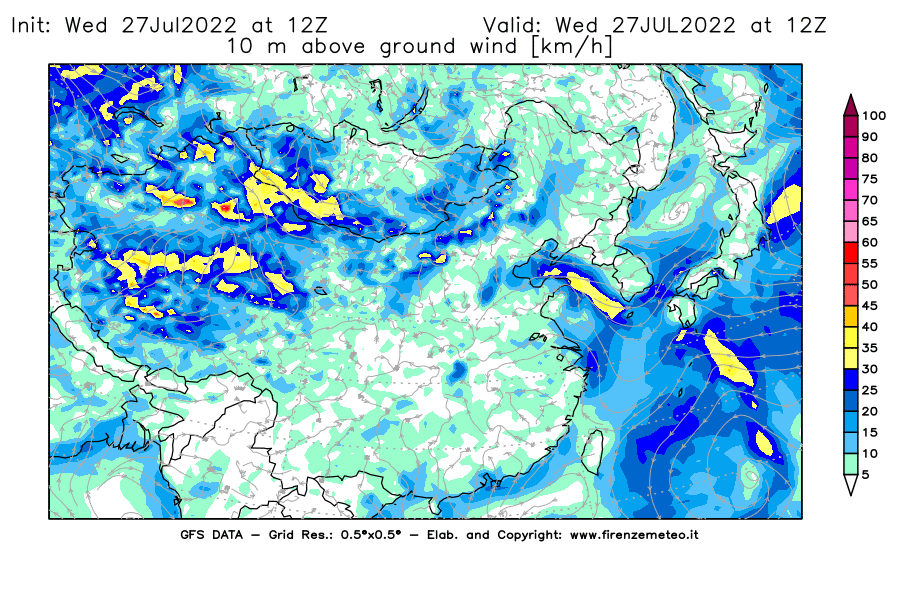 GFS analysi map - Wind Speed at 10 m above ground [km/h] in East Asia
									on 27/07/2022 12 <!--googleoff: index-->UTC<!--googleon: index-->