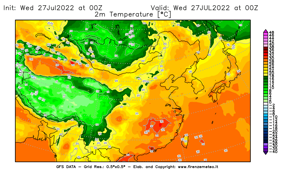 GFS analysi map - Temperature at 2 m above ground [°C] in East Asia
									on 27/07/2022 00 <!--googleoff: index-->UTC<!--googleon: index-->