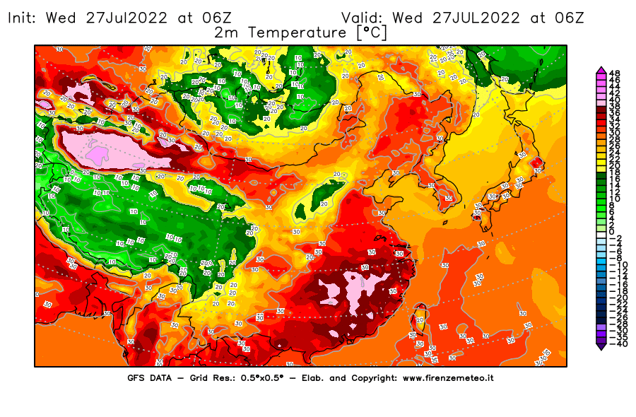GFS analysi map - Temperature at 2 m above ground [°C] in East Asia
									on 27/07/2022 06 <!--googleoff: index-->UTC<!--googleon: index-->