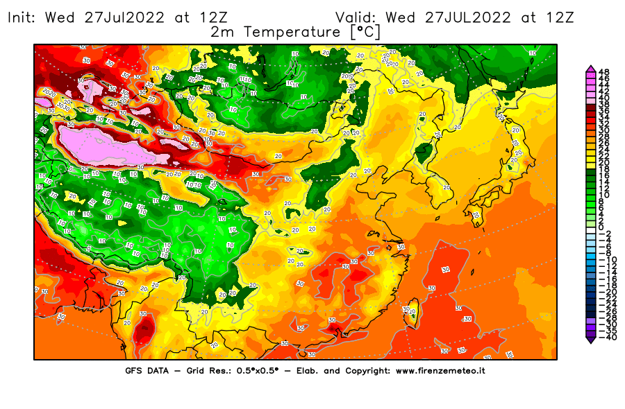 GFS analysi map - Temperature at 2 m above ground [°C] in East Asia
									on 27/07/2022 12 <!--googleoff: index-->UTC<!--googleon: index-->