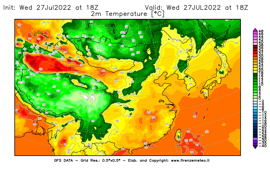 GFS analysi map - Temperature at 2 m above ground [°C] in East Asia
									on 27/07/2022 18 <!--googleoff: index-->UTC<!--googleon: index-->