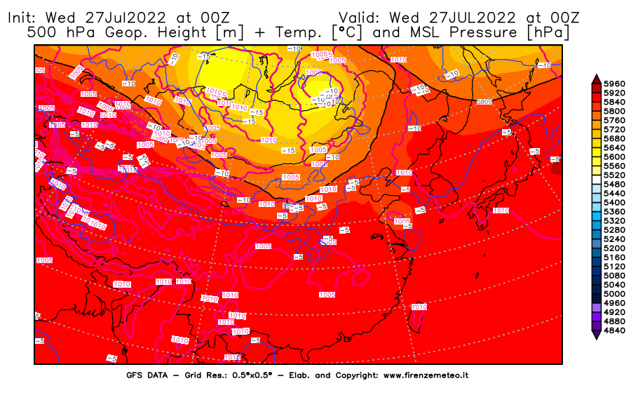GFS analysi map - Geopotential [m] + Temp. [°C] at 500 hPa + Sea Level Pressure [hPa] in East Asia
									on 27/07/2022 00 <!--googleoff: index-->UTC<!--googleon: index-->