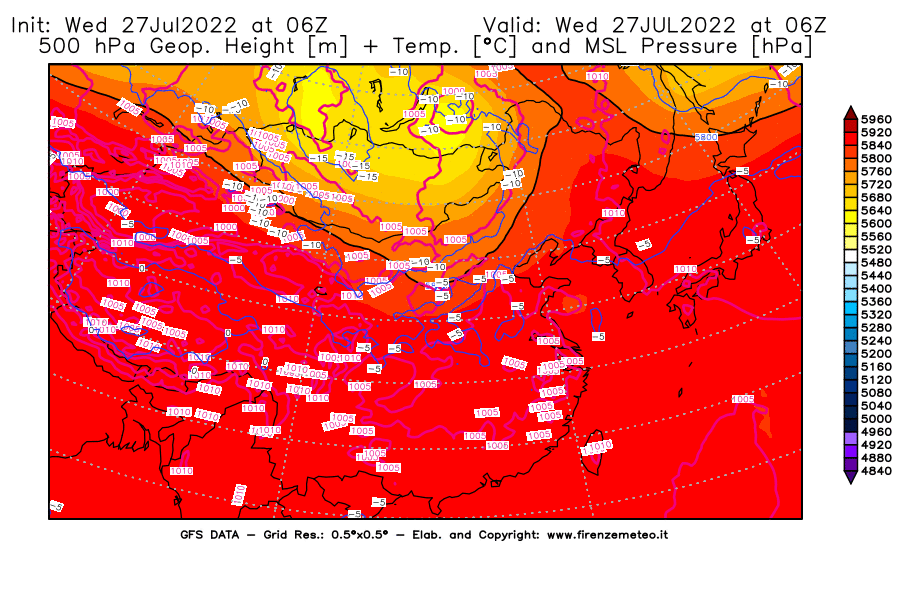 GFS analysi map - Geopotential [m] + Temp. [°C] at 500 hPa + Sea Level Pressure [hPa] in East Asia
									on 27/07/2022 06 <!--googleoff: index-->UTC<!--googleon: index-->