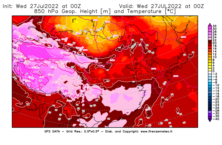 GFS analysi map - Geopotential [m] and Temperature [°C] at 850 hPa in East Asia
									on 27/07/2022 00 <!--googleoff: index-->UTC<!--googleon: index-->