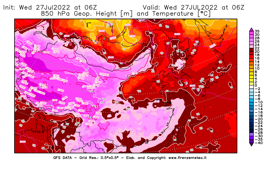 GFS analysi map - Geopotential [m] and Temperature [°C] at 850 hPa in East Asia
									on 27/07/2022 06 <!--googleoff: index-->UTC<!--googleon: index-->