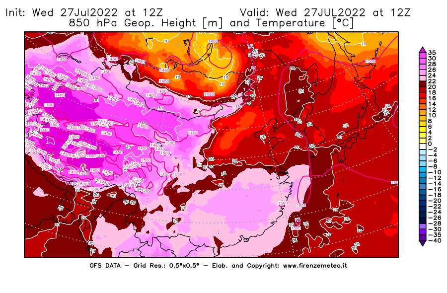 GFS analysi map - Geopotential [m] and Temperature [°C] at 850 hPa in East Asia
									on 27/07/2022 12 <!--googleoff: index-->UTC<!--googleon: index-->