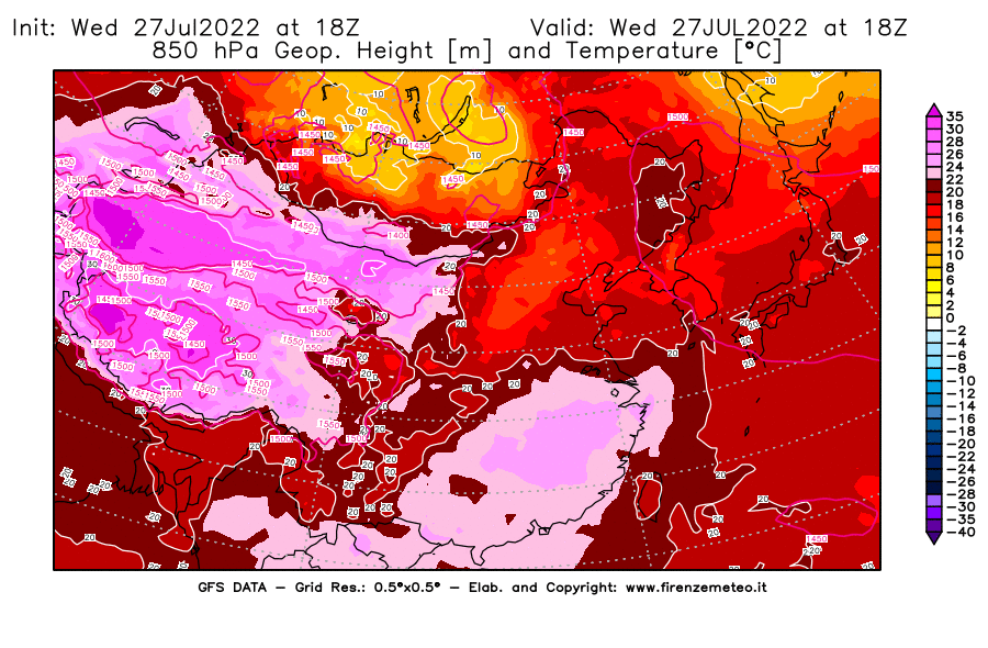 GFS analysi map - Geopotential [m] and Temperature [°C] at 850 hPa in East Asia
									on 27/07/2022 18 <!--googleoff: index-->UTC<!--googleon: index-->