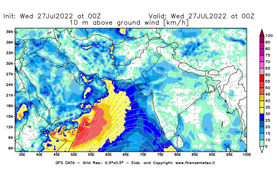 GFS analysi map - Wind Speed at 10 m above ground [km/h] in South West Asia 
									on 27/07/2022 00 <!--googleoff: index-->UTC<!--googleon: index-->