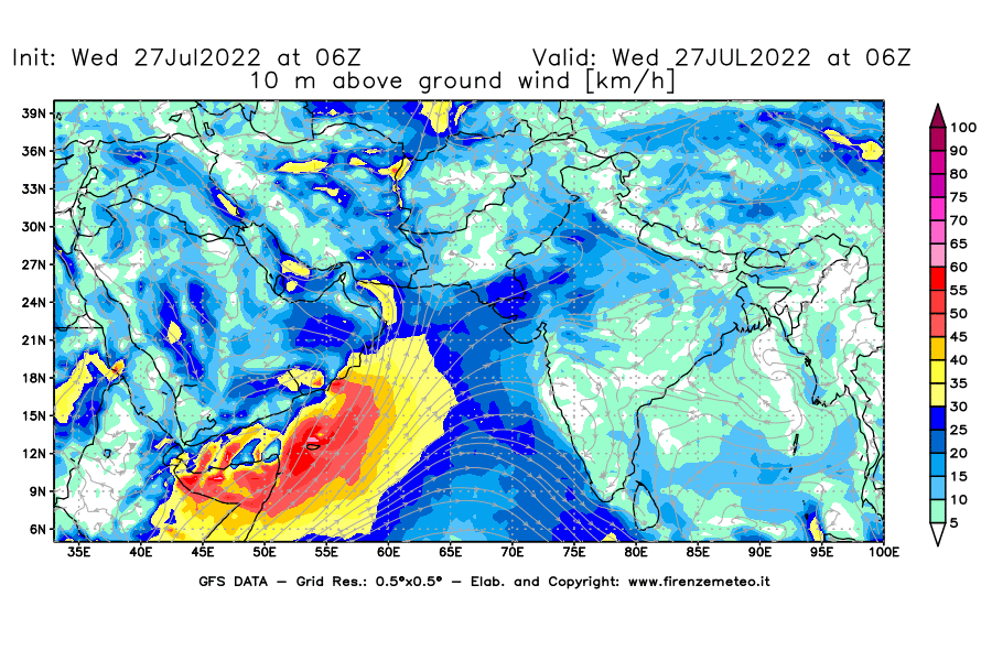 GFS analysi map - Wind Speed at 10 m above ground [km/h] in South West Asia 
									on 27/07/2022 06 <!--googleoff: index-->UTC<!--googleon: index-->