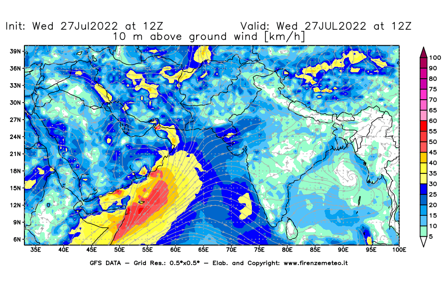 GFS analysi map - Wind Speed at 10 m above ground [km/h] in South West Asia 
									on 27/07/2022 12 <!--googleoff: index-->UTC<!--googleon: index-->