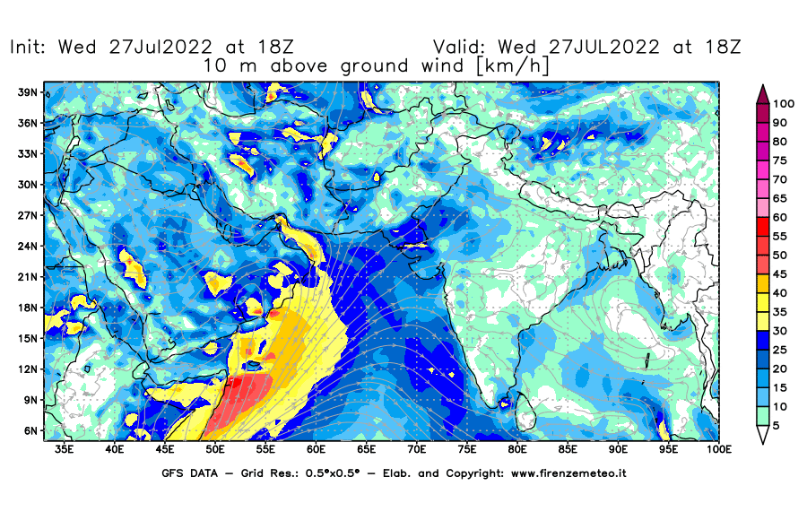 GFS analysi map - Wind Speed at 10 m above ground [km/h] in South West Asia 
									on 27/07/2022 18 <!--googleoff: index-->UTC<!--googleon: index-->