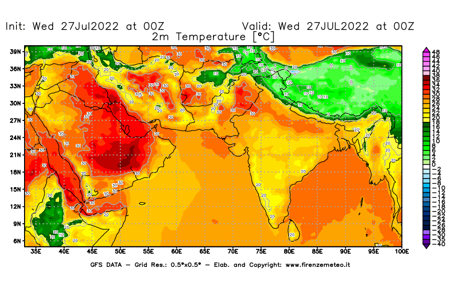 GFS analysi map - Temperature at 2 m above ground [°C] in South West Asia 
									on 27/07/2022 00 <!--googleoff: index-->UTC<!--googleon: index-->