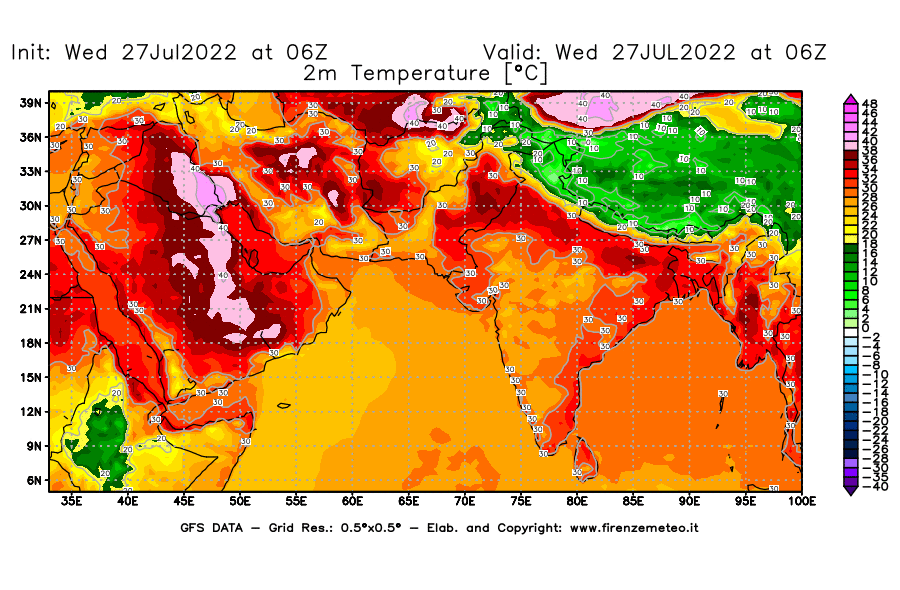 GFS analysi map - Temperature at 2 m above ground [°C] in South West Asia 
									on 27/07/2022 06 <!--googleoff: index-->UTC<!--googleon: index-->