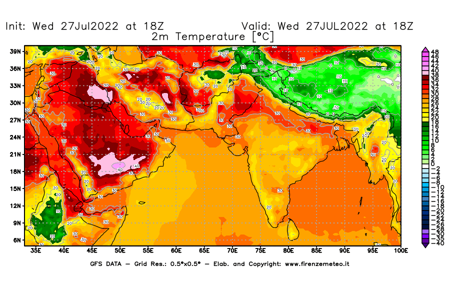 GFS analysi map - Temperature at 2 m above ground [°C] in South West Asia 
									on 27/07/2022 18 <!--googleoff: index-->UTC<!--googleon: index-->