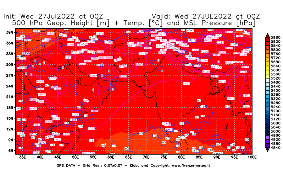 GFS analysi map - Geopotential [m] + Temp. [°C] at 500 hPa + Sea Level Pressure [hPa] in South West Asia 
									on 27/07/2022 00 <!--googleoff: index-->UTC<!--googleon: index-->