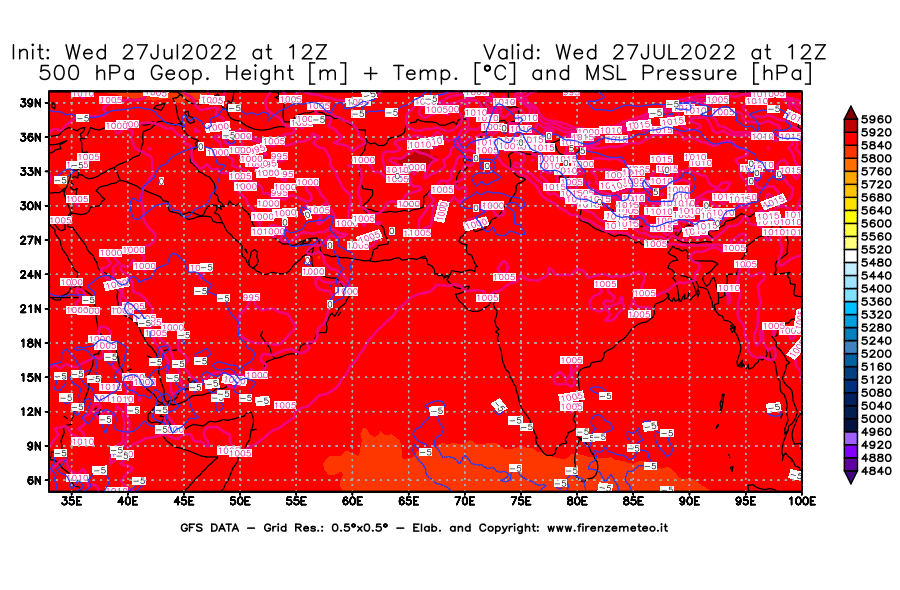 GFS analysi map - Geopotential [m] + Temp. [°C] at 500 hPa + Sea Level Pressure [hPa] in South West Asia 
									on 27/07/2022 12 <!--googleoff: index-->UTC<!--googleon: index-->