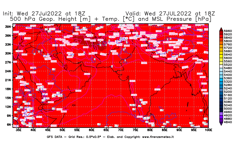 GFS analysi map - Geopotential [m] + Temp. [°C] at 500 hPa + Sea Level Pressure [hPa] in South West Asia 
									on 27/07/2022 18 <!--googleoff: index-->UTC<!--googleon: index-->