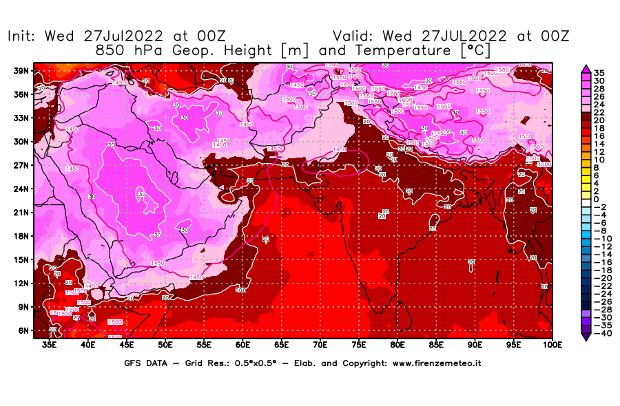 GFS analysi map - Geopotential [m] and Temperature [°C] at 850 hPa in South West Asia 
									on 27/07/2022 00 <!--googleoff: index-->UTC<!--googleon: index-->