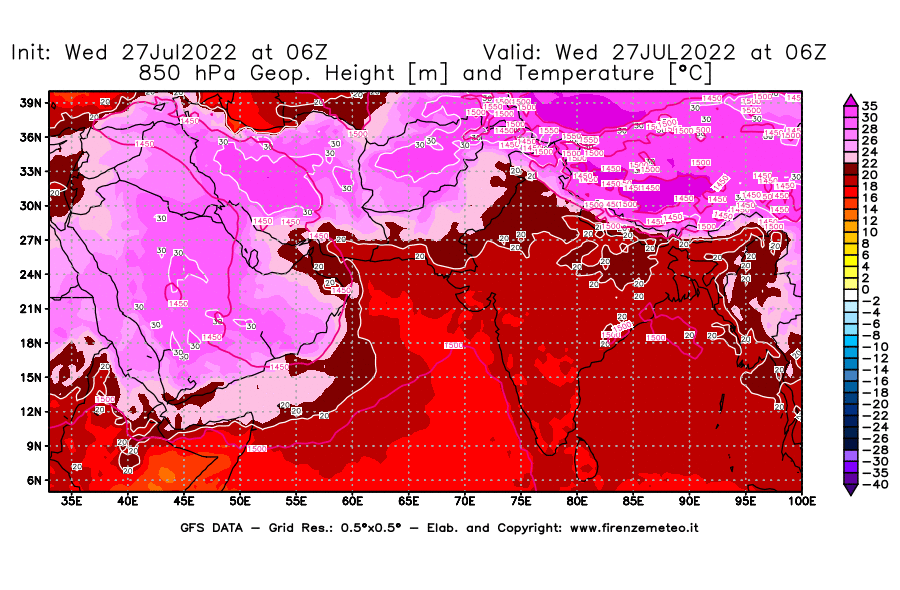 GFS analysi map - Geopotential [m] and Temperature [°C] at 850 hPa in South West Asia 
									on 27/07/2022 06 <!--googleoff: index-->UTC<!--googleon: index-->