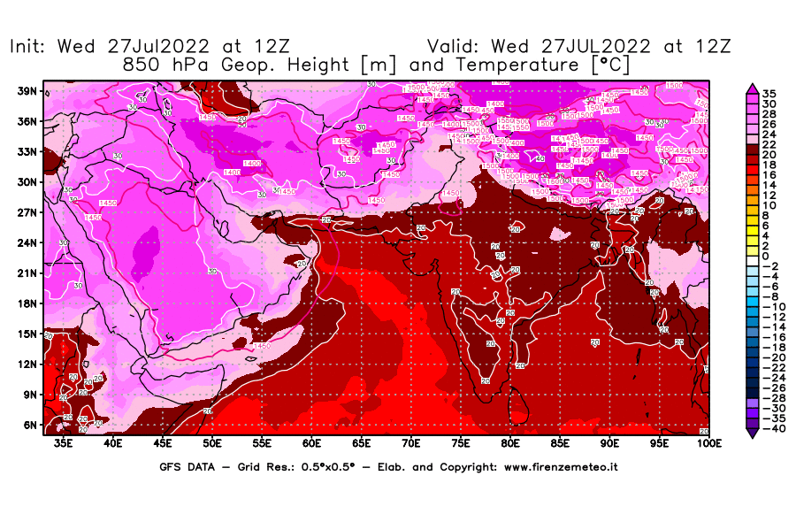 GFS analysi map - Geopotential [m] and Temperature [°C] at 850 hPa in South West Asia 
									on 27/07/2022 12 <!--googleoff: index-->UTC<!--googleon: index-->
