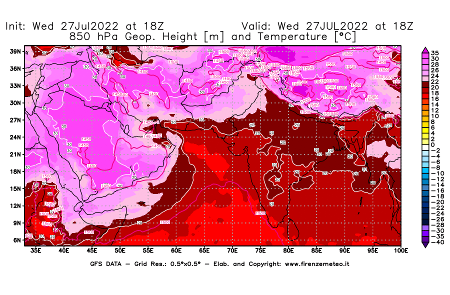GFS analysi map - Geopotential [m] and Temperature [°C] at 850 hPa in South West Asia 
									on 27/07/2022 18 <!--googleoff: index-->UTC<!--googleon: index-->