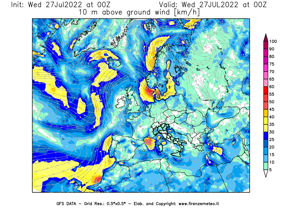 GFS analysi map - Wind Speed at 10 m above ground [km/h] in Europe
									on 27/07/2022 00 <!--googleoff: index-->UTC<!--googleon: index-->