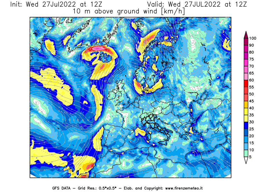 GFS analysi map - Wind Speed at 10 m above ground [km/h] in Europe
									on 27/07/2022 12 <!--googleoff: index-->UTC<!--googleon: index-->