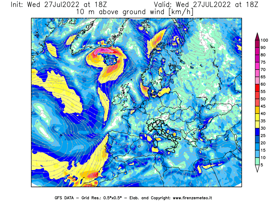 GFS analysi map - Wind Speed at 10 m above ground [km/h] in Europe
									on 27/07/2022 18 <!--googleoff: index-->UTC<!--googleon: index-->