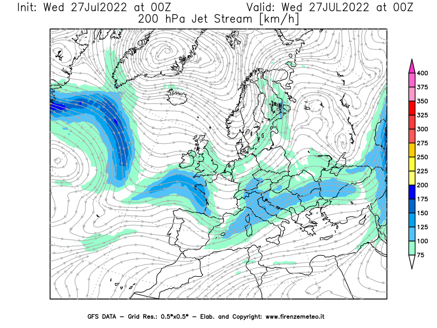 GFS analysi map - Jet Stream at 200 hPa in Europe
									on 27/07/2022 00 <!--googleoff: index-->UTC<!--googleon: index-->