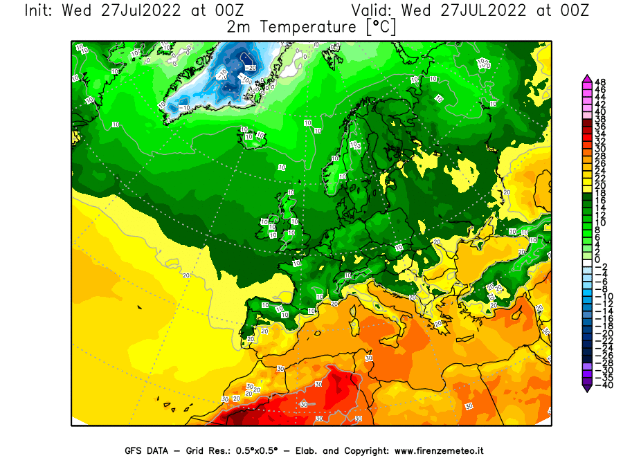 GFS analysi map - Temperature at 2 m above ground [°C] in Europe
									on 27/07/2022 00 <!--googleoff: index-->UTC<!--googleon: index-->