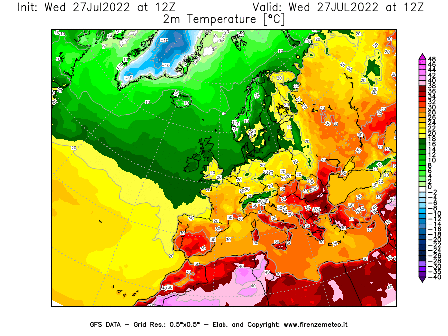 GFS analysi map - Temperature at 2 m above ground [°C] in Europe
									on 27/07/2022 12 <!--googleoff: index-->UTC<!--googleon: index-->