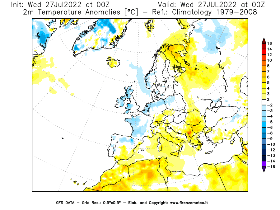 GFS analysi map - Temperature Anomalies [°C] at 2 m in Europe
									on 27/07/2022 00 <!--googleoff: index-->UTC<!--googleon: index-->