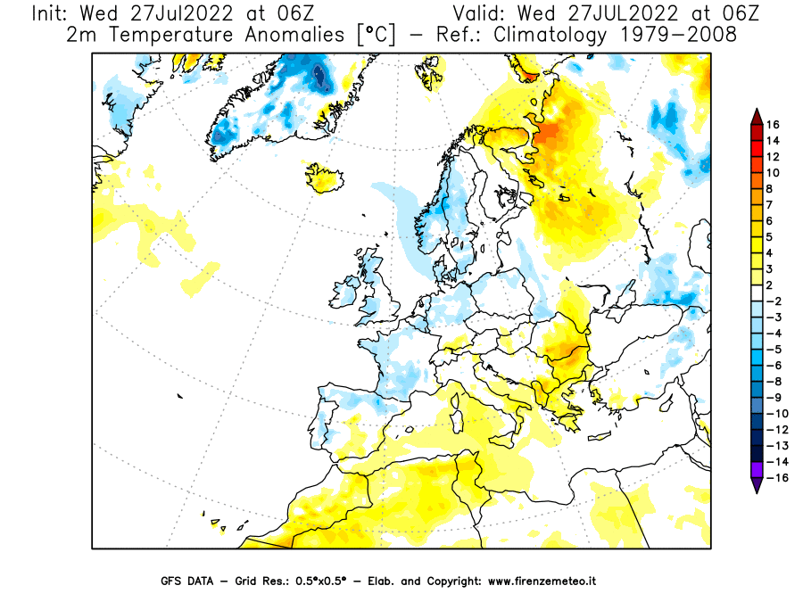 GFS analysi map - Temperature Anomalies [°C] at 2 m in Europe
									on 27/07/2022 06 <!--googleoff: index-->UTC<!--googleon: index-->