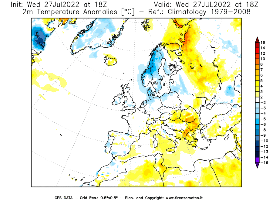 GFS analysi map - Temperature Anomalies [°C] at 2 m in Europe
									on 27/07/2022 18 <!--googleoff: index-->UTC<!--googleon: index-->