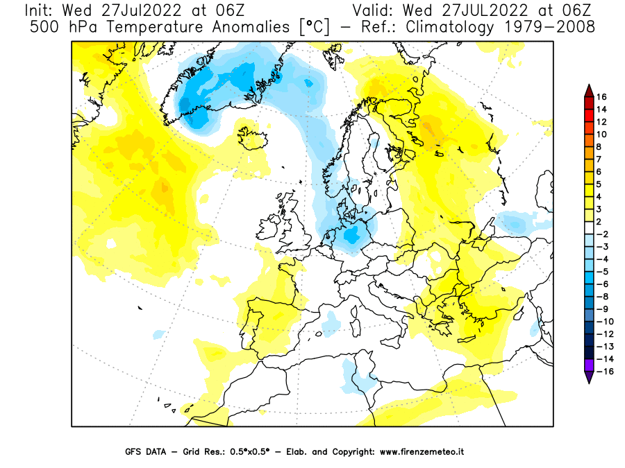 GFS analysi map - Temperature Anomalies [°C] at 500 hPa in Europe
									on 27/07/2022 06 <!--googleoff: index-->UTC<!--googleon: index-->