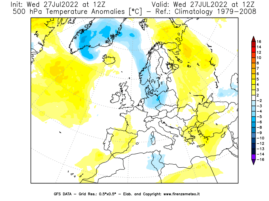 GFS analysi map - Temperature Anomalies [°C] at 500 hPa in Europe
									on 27/07/2022 12 <!--googleoff: index-->UTC<!--googleon: index-->