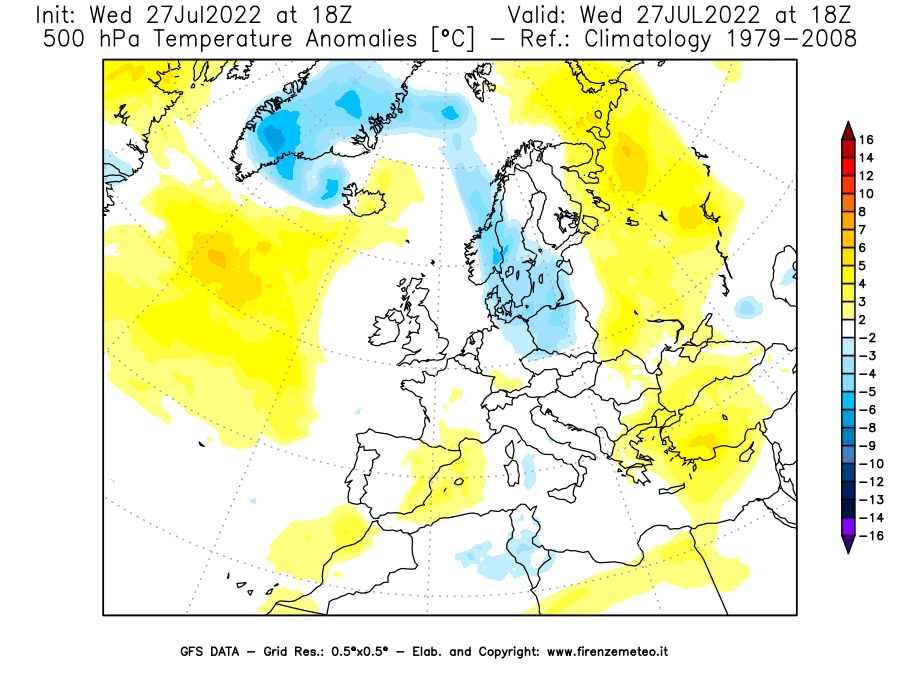 GFS analysi map - Temperature Anomalies [°C] at 500 hPa in Europe
									on 27/07/2022 18 <!--googleoff: index-->UTC<!--googleon: index-->