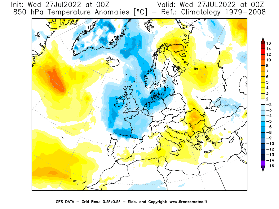 GFS analysi map - Temperature Anomalies [°C] at 850 hPa in Europe
									on 27/07/2022 00 <!--googleoff: index-->UTC<!--googleon: index-->