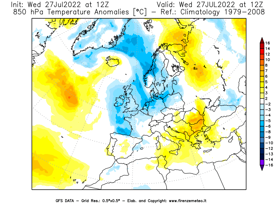 GFS analysi map - Temperature Anomalies [°C] at 850 hPa in Europe
									on 27/07/2022 12 <!--googleoff: index-->UTC<!--googleon: index-->