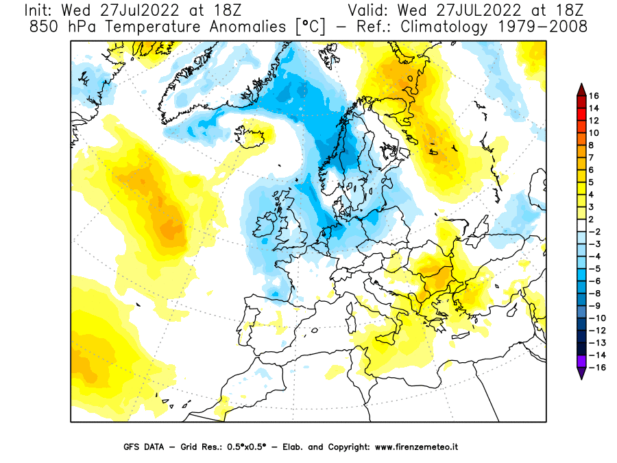 GFS analysi map - Temperature Anomalies [°C] at 850 hPa in Europe
									on 27/07/2022 18 <!--googleoff: index-->UTC<!--googleon: index-->